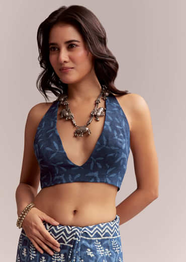 Blue Linen Printed Saree With Heritage Ajrakh Leaf Print