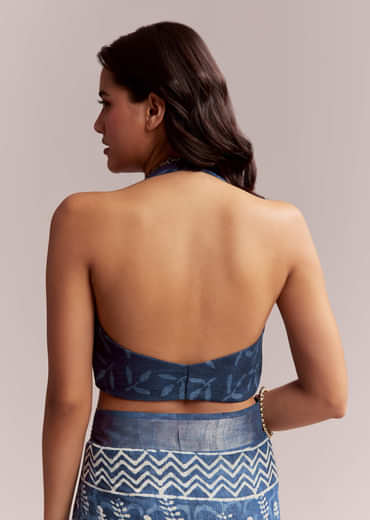 Blue Linen Printed Saree With Heritage Ajrakh Leaf Print