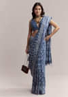 Blue Linen Printed Saree With Traditional Ajrakh Leaf Print