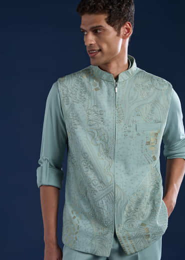 Blue Mens Cutdana Work Jacket Kurta and Pant Set