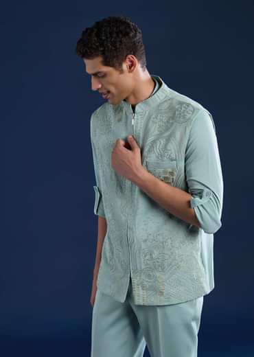 Blue Mens Cutdana Work Jacket Kurta and Pant Set