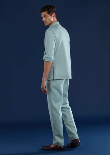 Blue Mens Cutdana Work Jacket Kurta and Pant Set
