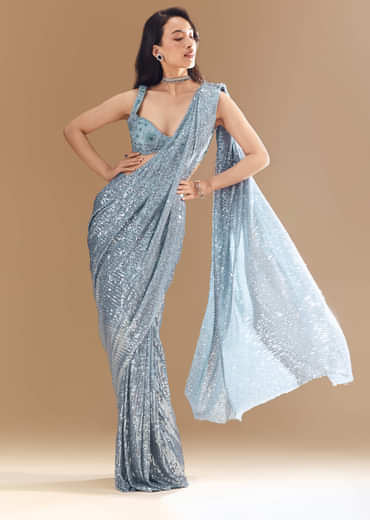 Blue Metallic Shimmer Ready Pleated Saree with Blouse