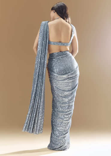 Blue Metallic Shimmer Ready Pleated Saree with Blouse