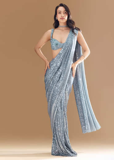 Blue Metallic Shimmer Ready Pleated Saree with Blouse