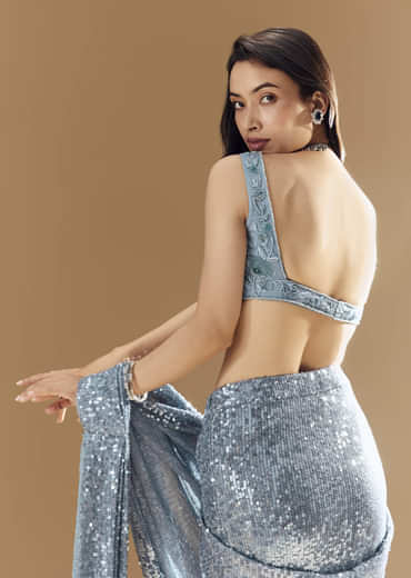 Blue Metallic Shimmer Ready Pleated Saree with Blouse