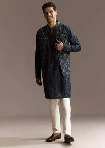 Blue Mirror Work Jacket Set