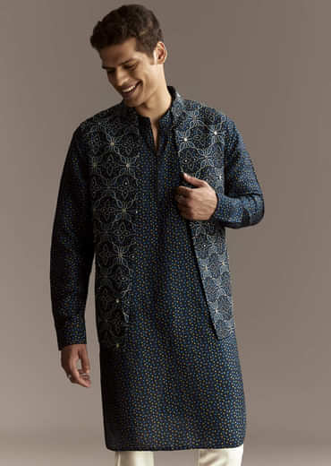 Blue Mirror Work Jacket Set