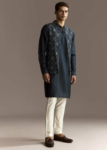 Blue Mirror Work Jacket Set