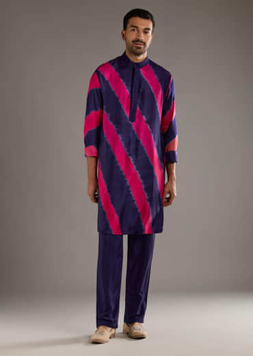 Blue Modal Kurta Set For Men With Hand Dyed Leheriya Print