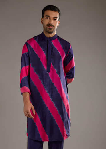 Blue Modal Kurta Set For Men With Hand Dyed Leheriya Print