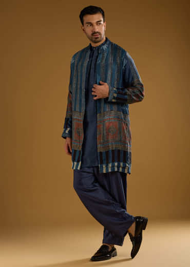 Blue Modal Linen Kurta Jacket Set For Men With Hand Block Ajrakh Print