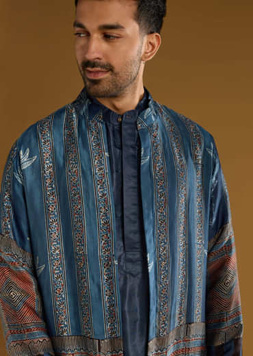 Blue Modal Linen Kurta Jacket Set For Men With Hand Block Ajrakh Print