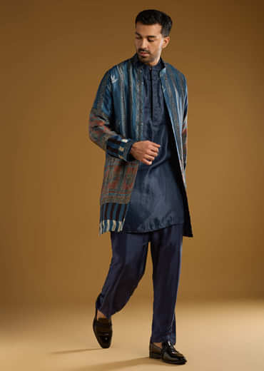 Blue Modal Linen Kurta Jacket Set For Men With Hand Block Ajrakh Print