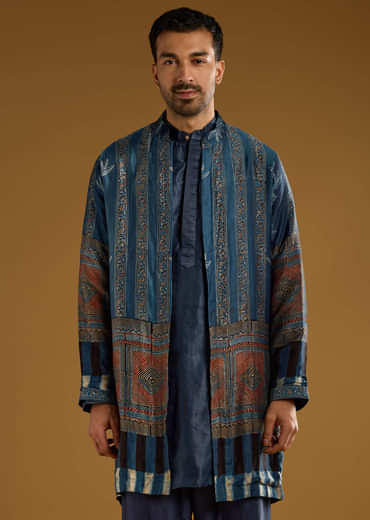 Blue Modal Linen Kurta Jacket Set For Men With Hand Block Ajrakh Print