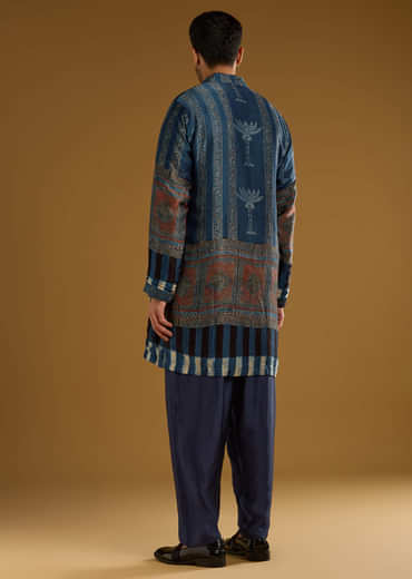 Blue Modal Linen Kurta Jacket Set For Men With Hand Block Ajrakh Print