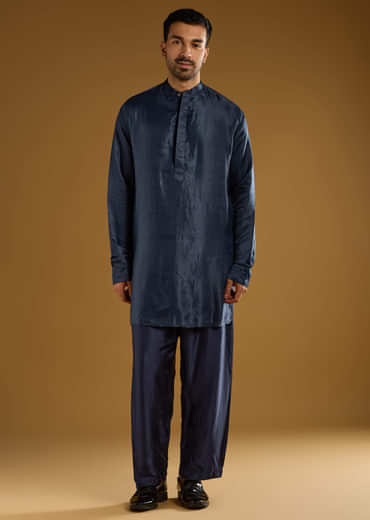 Blue Modal Linen Kurta Jacket Set For Men With Hand Block Ajrakh Print
