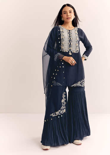 Blue Moti Threadwork Dola Silk Sharara Suit With Organza Dupatta