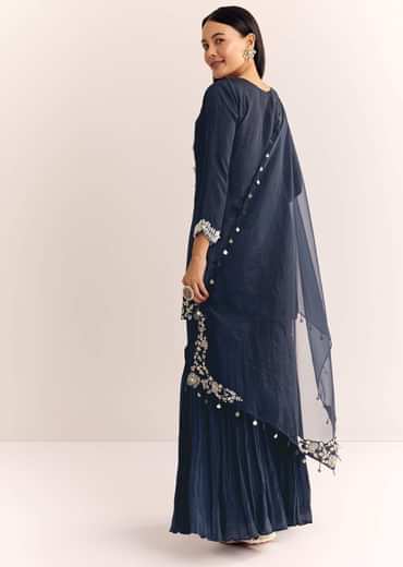 Blue Moti Threadwork Dola Silk Sharara Suit With Organza Dupatta
