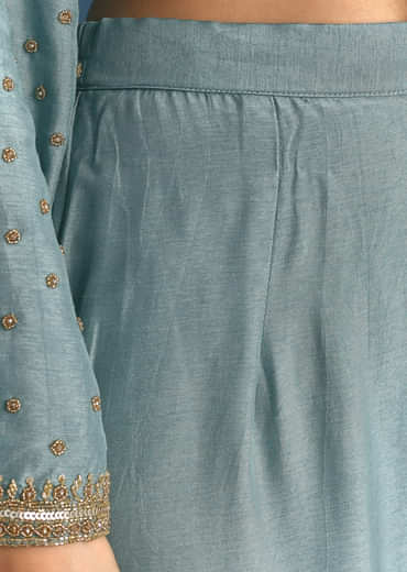 Blue Kurta Dupatta Set With Moti Cutdana Work