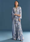Blue Muslin Floral Print Kurta Sharara Suit With Moti Cutdana Work