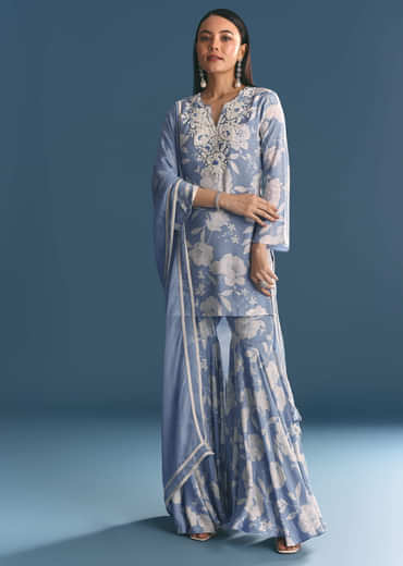 Blue Muslin Floral Print Kurta Sharara Suit With Moti Cutdana Work