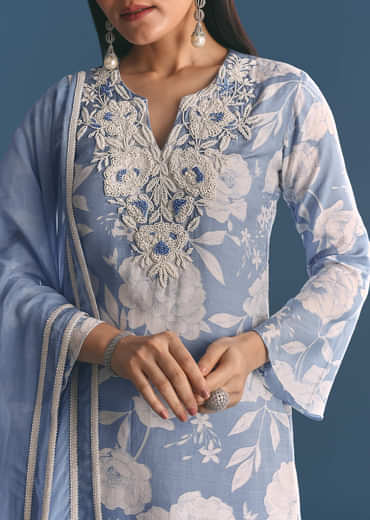 Blue Muslin Floral Print Kurta Sharara Suit With Moti Cutdana Work