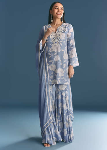 Blue Muslin Floral Print Kurta Sharara Suit With Moti Cutdana Work