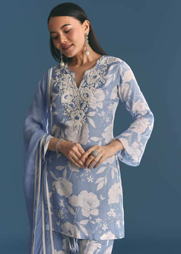 Blue Muslin Floral Print Kurta Sharara Suit With Moti Cutdana Work