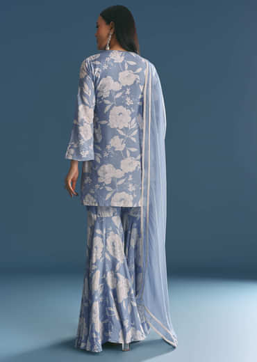 Blue Muslin Floral Print Kurta Sharara Suit With Moti Cutdana Work