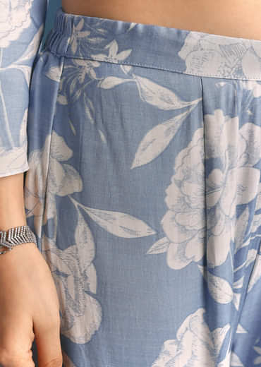 Blue Muslin Floral Print Kurta Sharara Suit With Moti Cutdana Work