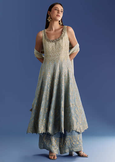 Blue Ombre Georgette Anarkali With Cutdana Neck And Zari Dupatta