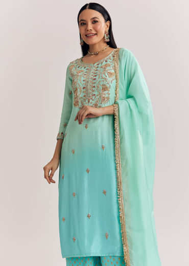 Blue Ombre Kurta Palazzo Suit With Zardosi And Sequins Work