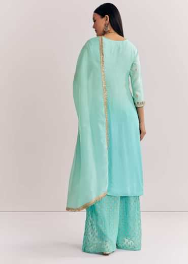 Blue Ombre Kurta Palazzo Suit With Zardosi And Sequins Work