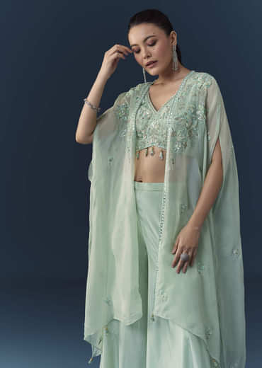 Blue Organza Embroidered Crop Top Palazzo Set with Cape