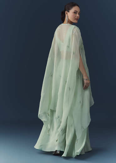 Blue Organza Embroidered Crop Top Palazzo Set with Cape