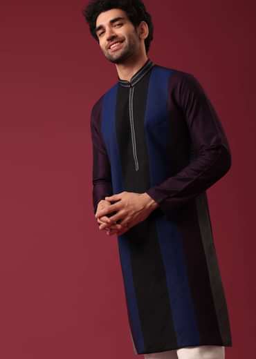 Blue Pintuck Colorblock Kurta Set in Silk