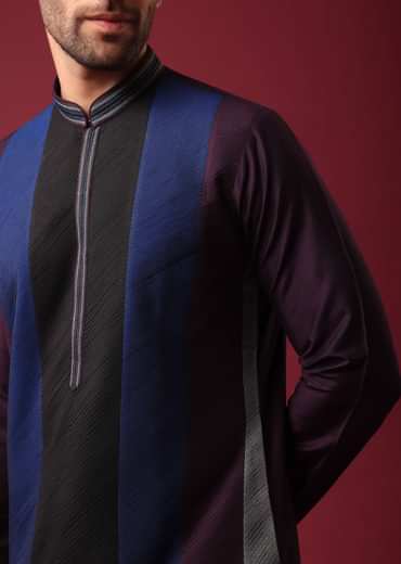 Blue Pintuck Colorblock Kurta Set in Silk