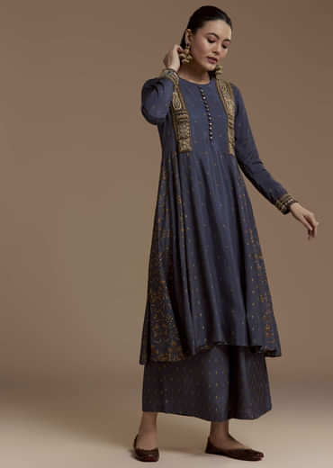 Blue Printed Cotton Kurta Palazzo Set with Thread Work