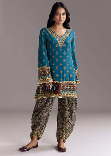 Blue Printed Dhoti Set With Ajrakh Detail