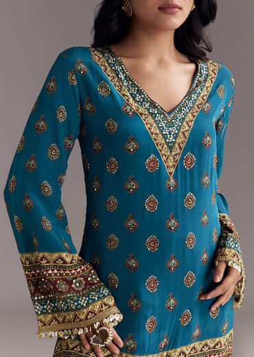 Blue Printed Dhoti Set With Ajrakh Detail