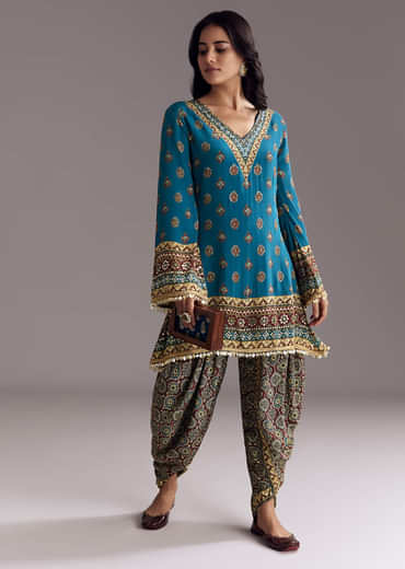Blue Printed Dhoti Set With Ajrakh Detail