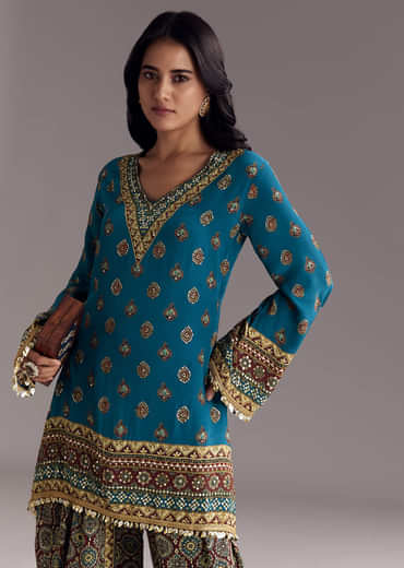 Blue Printed Dhoti Set With Ajrakh Detail