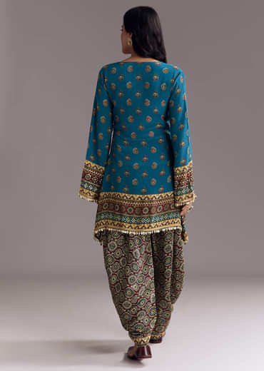 Blue Printed Dhoti Set With Ajrakh Detail