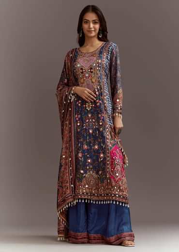 Blue Printed Gotta Lace Sequin Kurta Set With Floral Print Dupatta