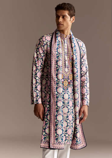 Blue Printed Kurta Dupatta Set With Mirror Work