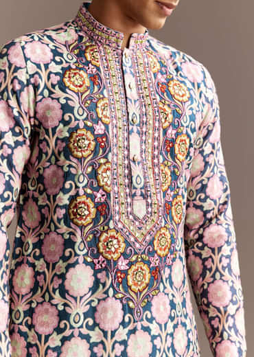 Blue Printed Kurta Dupatta Set With Mirror Work