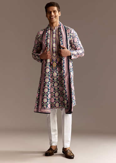 Blue Printed Kurta Dupatta Set With Mirror Work