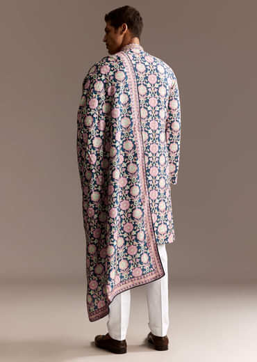 Blue Printed Kurta Dupatta Set With Mirror Work