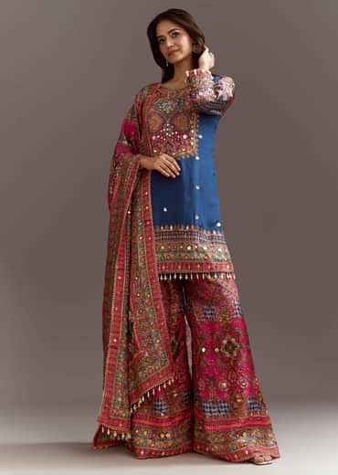 Blue Printed Kurta Palazzo Set With Gotta Lace And Sequins Work